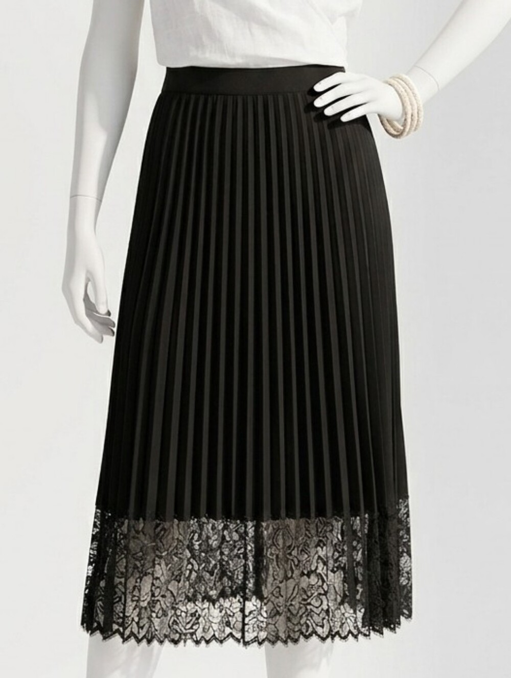 Apostrophe Black Accordion Pleat Lace Trim Midi Skirt Sz 8